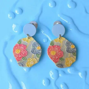 Flowerful Colorful Embossed‎ Acrylic Earrings with Blue Studs thumbnail 6
