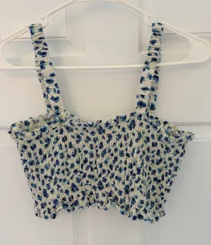 Vanilla Star Blue & White Smocked Floral Crop Top thumbnail 1