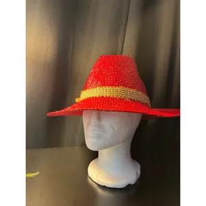 Vintage Red Woven Straw Fedora Hat with Yellow Feather and‎ Buckle Detail thumbnail 3