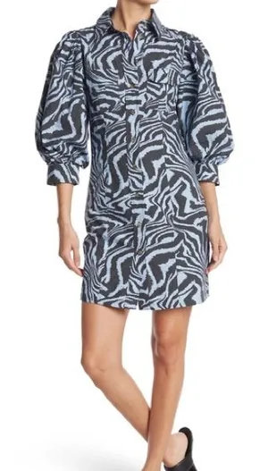 Ganni Blue and Black Zebra-Print Puff-Sleeve Mini Dress thumbnail 1