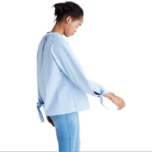 Madewell Light Blue & White Striped Tie-Sleeve Peasant Popover Blouse Top thumbnail 3