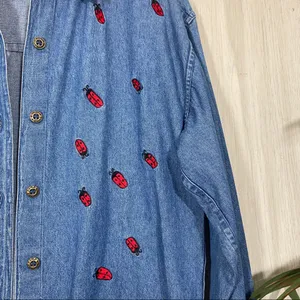 Mary Jane Lady Bug Beetle Embroidered Button Down Chambray Overshirt sz S Small thumbnail 7