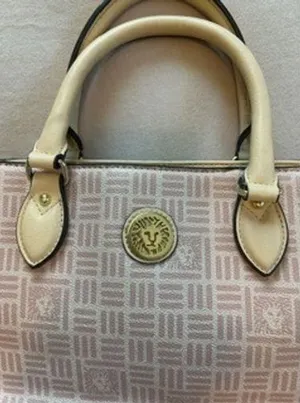 Anne Klein Satchel Handbag Pink Cream Logo Print Lion Medallion Top Handle Bag thumbnail 1