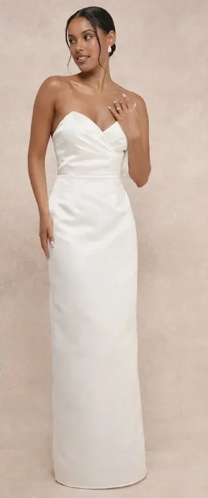 Lulus Profound Love White Satin Pleated Strapless Sleeve Maxi Dress Bridal Sz L thumbnail 1