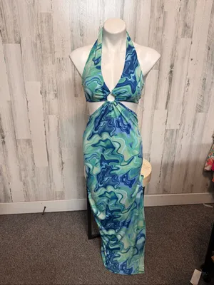 Haute Monde Cutout Maxi Dress Womens Small Blue Green Swirl O-Ring Halter Neck thumbnail 2