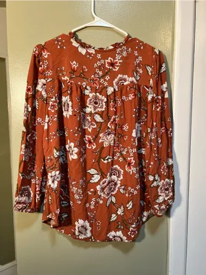 Loft Women's Size Large Petite Blouse Orange White Floral Button Down Ruffle‎ thumbnail 8