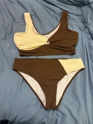 Two-Tone Ribbed Bikini Set in Brown & Cream thumbnail 1