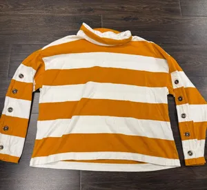 Madewell Striped Mock Neck Button Sleeve Top Women's Medium Mustard Cream thumbnail 1