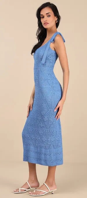 NWT Lulus Adorable Darling Blue Crochet Tie-Strap Midi Dress Holiday Gala Sz M thumbnail 1