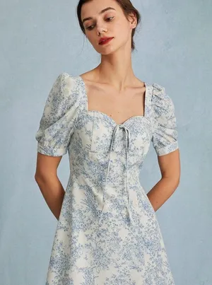 RIHOAS The Blue Sweetheart Neck Puff Sleeve Floral Midi Dress thumbnail 5