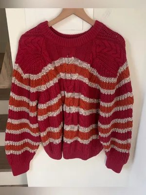 Free People Frankie Striped Cable Knit Sweater - Red Combo Stripes - Large thumbnail 3
