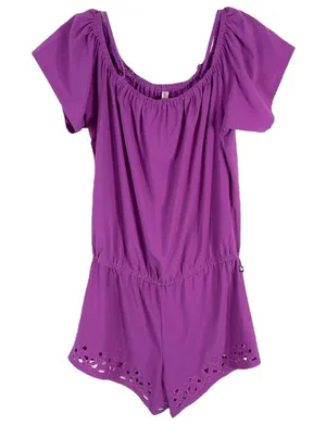 Fabletics XS Romper Perforated‎ Legs Purple Off Shoulder Short Sleeve 1304 thumbnail 1