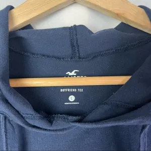 Hollister‎ Navy Blue Cropped Lightweight Boyfriend Hooded Sweatshirt L thumbnail 3