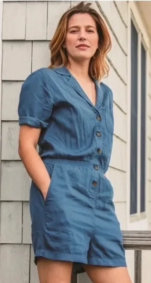 Faherty Arlie Romper Stormy Seas Blue Tencel Linen Button Front Size L thumbnail 1