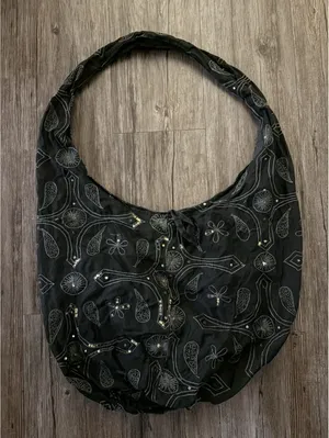 Black Embroidery Slouchy Hobo Bag Sequin Accents Boho thumbnail 1