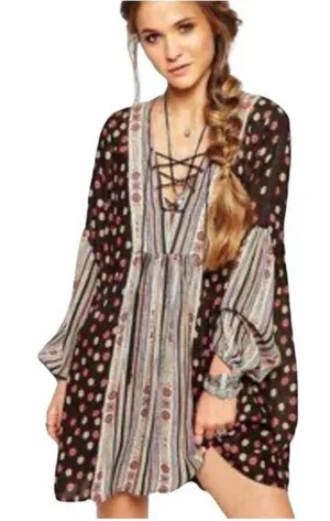 Free People Black Floral & Stripe Lace-Up Long Sleeve Mini Dress thumbnail 1