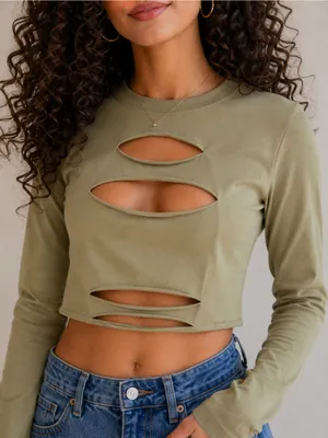 Edikted Olive Green Distressed Cutout Long Sleeve Crop Top Size M NW thumbnail 1
