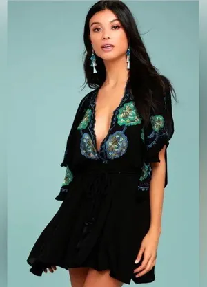 Free People Cora Black Embroidered Dress Size M thumbnail 1
