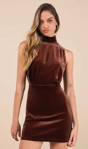 NWT Lulus Gorgeous Darling Brown Velvet Sleeveless Mock Neck Dress Party Sz S thumbnail 1