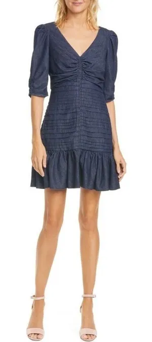 TANYA TAYLOR Pansy Dress Blue‎ Denim Pleated Mini Puffed Sleeves Flirty Size 6 thumbnail 1