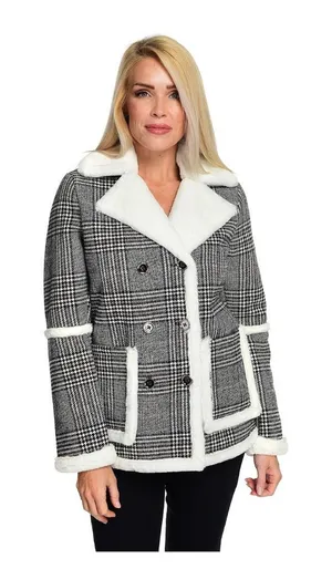 Altar'd State Women's Faux‎ Fur Plaid Print Coat Black/Gray/White Size Small thumbnail 1