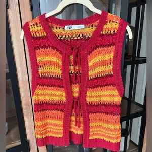 Zara Tie Front Bows tank top knit crochet red orange ganni trendy summer coverup thumbnail 1