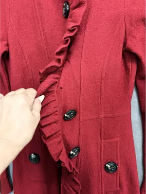 Etcetera Red 100% Merino Wool Ruffle Trench Coat Jacket XS Flawed /Repair Needed thumbnail 4
