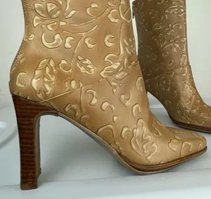 NEW Y2K Amanda Smith Leather Square Toe Heeled Boots Sz 6.5 Tan Floral thumbnail 6