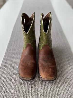 Justin Sage Green Brown Leather Western Square Toe Cowboy Festival Boots 5D or 7 thumbnail 2