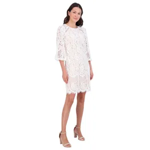 Vince Camuto Petite Jewel-Neck Lace Shift Dress Ivory Off White / Beige Brown 2P thumbnail 7