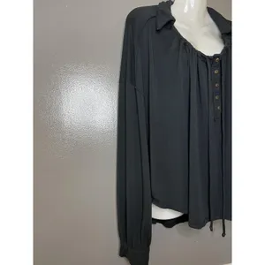 We The Free Blouse Womens Medium Black Henley Button Long Sleeve Jersey Top Boho thumbnail 3