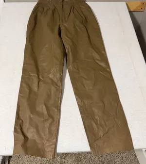 Toffs Vintage Tan Brown 100% Genuine Leather High Waisted Pleated Pants Size 10 thumbnail 1