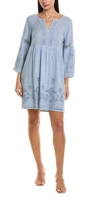 S Tommy Bahama ST. LUCIA SPLIT NECK LINEN-BLEND MINI DRESS IN BLUE thumbnail 1
