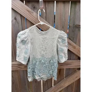 Vintage Blouse Cottagecore Sage Green Lace Applique Puff Sleeve Small‎ thumbnail 2