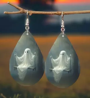 Cute Ghosts On Swing Teardrop Shape Earrings, Gothic Style‎ Dangle Earrings White thumbnail 1