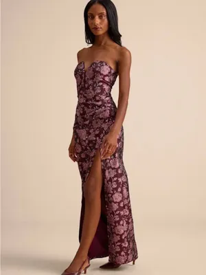 Lulu's Plum Strapless Floral Jacquard Gown with Side Slit thumbnail 4