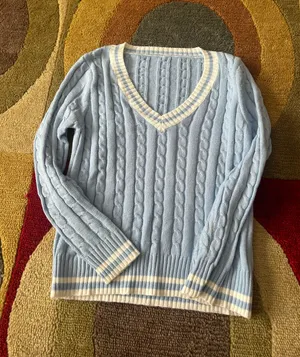 SheIn Preppy Y2K Style Light Blue White Cable Knit V Neck Crop Sweater One Size thumbnail 1