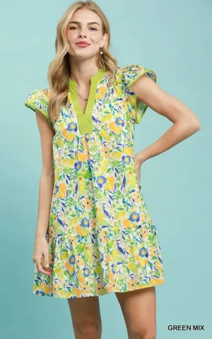 Umgee Floral Flutter Sleeve Tiered Mini Dress - Green Mix - Medium thumbnail 1