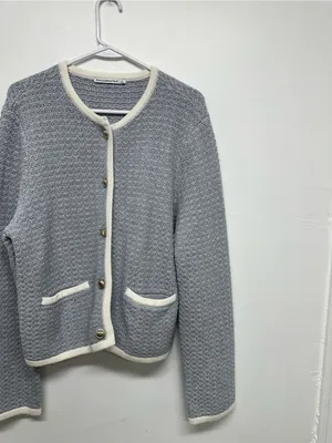 Abercrombie & Fitch Light Blue Textured Crewneck Cardigan with Cream Trim thumbnail 5