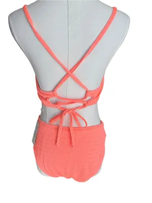 CUPSHE - NWT Coral Bikini Set Textured High Waist Lace-Up Back Swimwear SZ M thumbnail 6
