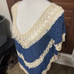 Umgee USA Crochet‎ sweater Navy blue & cream boho hippie sz M chevron thumbnail 5