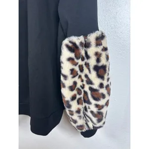 POL Hoodie Small Black Faux Fur Leopard Print Sleeve Pullover Sweatshirt Cheetah thumbnail 5