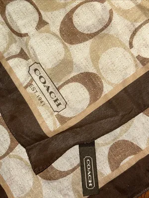 Coach Signature C Square Scarf Brown Beige Cotton Silk Blend Aprox 26” thumbnail 3
