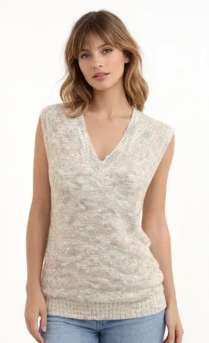 Vintage 80s Knit Sweater Vest Neutral Speckled V-Neck Sleeveless Boho Layering thumbnail 1