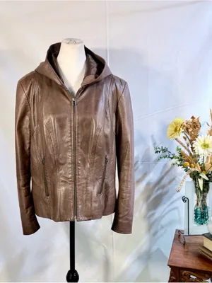 💥Danier Genuine Leather Hooded Moto Zip Up Jacket Brown Quilted Lining Sz L❤️ thumbnail 14