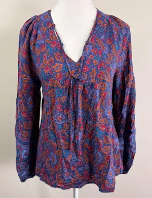 Natural Life Womens S Purple Floral Rayon Boho Tie Neck Balloon Sleeve Blouse thumbnail 1