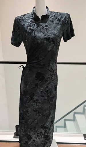 Women Long Cheongsam Dress Floral Flocking Print thumbnail 1