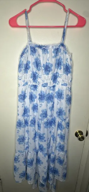 No Boundaries Floral Hi-Low Long Dress L (11/13) Blue White Spaghetti Strap NWT thumbnail 1