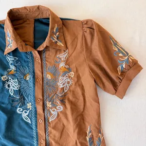 Embroidered Western Blouse Small Brown Teal Puff Sleeve Boho Cowgirl Shirt thumbnail 7