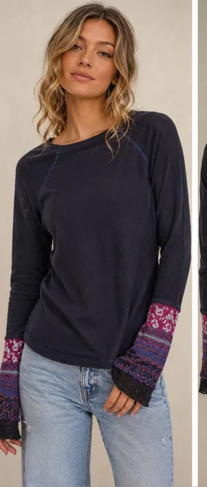 Free People Mixed Up Cuff Thermal Top Waffle Knit Boho Pattern Knit Cuff Sz S🧡 thumbnail 1